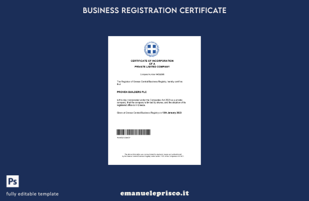 certificato di registrazione Grecia stile verificato Modello Word e PDF